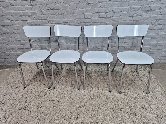 Image 1 of Set of 4 Vintage Design Kitchen Chairs by Brabantia, White Linen-Textured Formica with Black and Silver Trim, The Netherlands