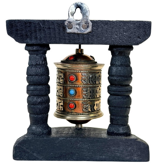 Vintage Tibetan Mani Prayer Wheel in Black Wooden Frame – circa 1980s – Sculpture, Metal (photo 5 of 9)
