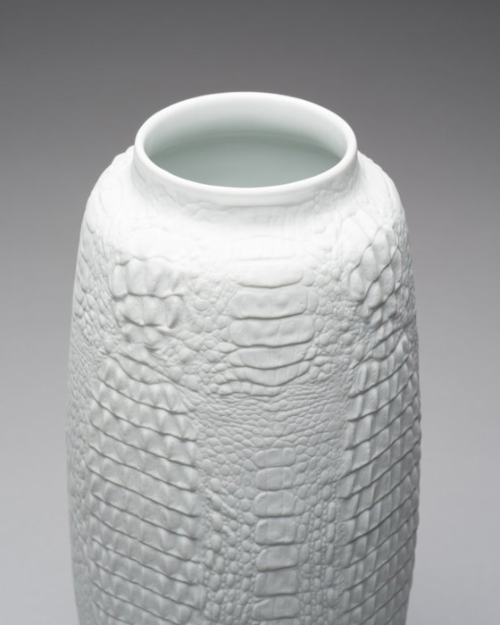 Image 1 of XL Manfred Frey Kaiser Bisque Porcelain Vase Crocodile Reptile Relief Op-Art Duo