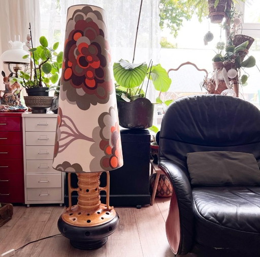 Vintage ceramic floor lamp with floral shade, west Germany style 