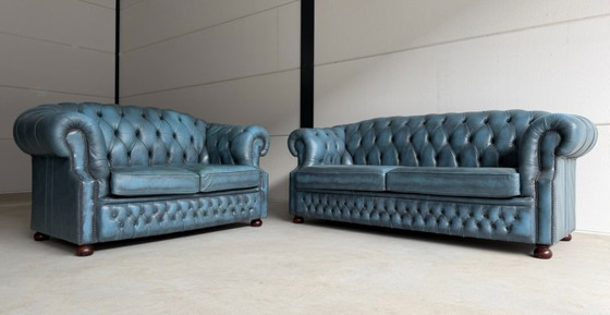 Chesterfield Winchester Furniture 2-seater sofa, 2 seaters, Leather, Blue (photo 12 of 15)