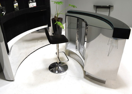 Image 1 of Cocktail Bar in pelle scamosciata nera, ottone e cromo di o nello stile di Willy Rizzo - Italia, anni '70