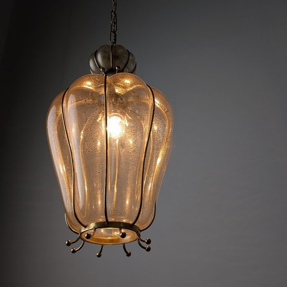 Image 1 of Handgeblazen lantaarn van Murano-glas van Barovier & Toso met 24-karaats goud en messing, jaren 60.