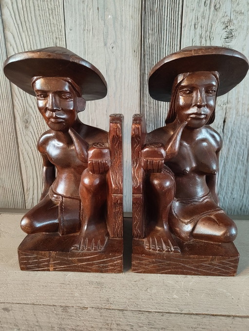Vintage Balinees Houtsnijwerk Boekensteunen (Man & Vrouw)