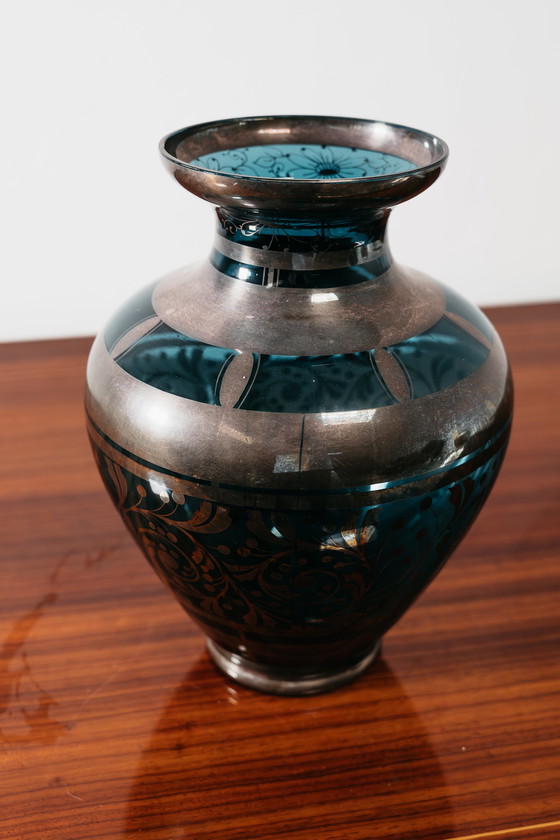 Image 1 of Glass and Silver Overlay Vase American Art Deco 1940’s Design