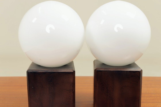Image 1 of Pair of modern lamps opal glass & wood 