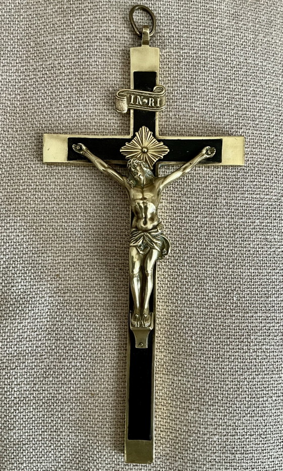Image 1 of Crocifisso antico francese in ebano e bronzo con Sacro Cuore, circa 1900.