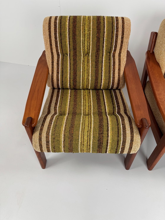 Image 1 of Pair of Danish easy chairs – teak frame with original striped upholstery