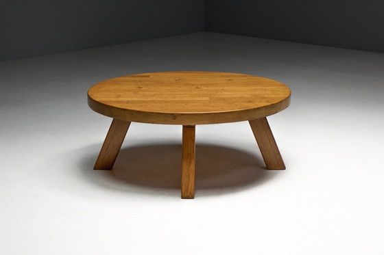 Image 1 of Brutalist Round Coffee Table in Solid Wood, France, 1960s