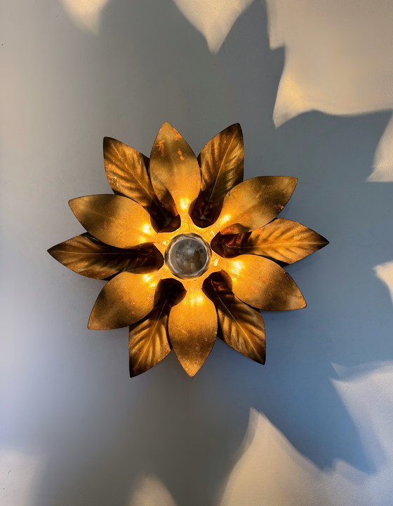Image 1 of 1970s gold flower wall sconce