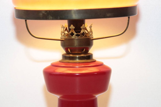 Image 1 of Petroleum lamp, red glass shade, opal glass, GDR 1970s nostalgia