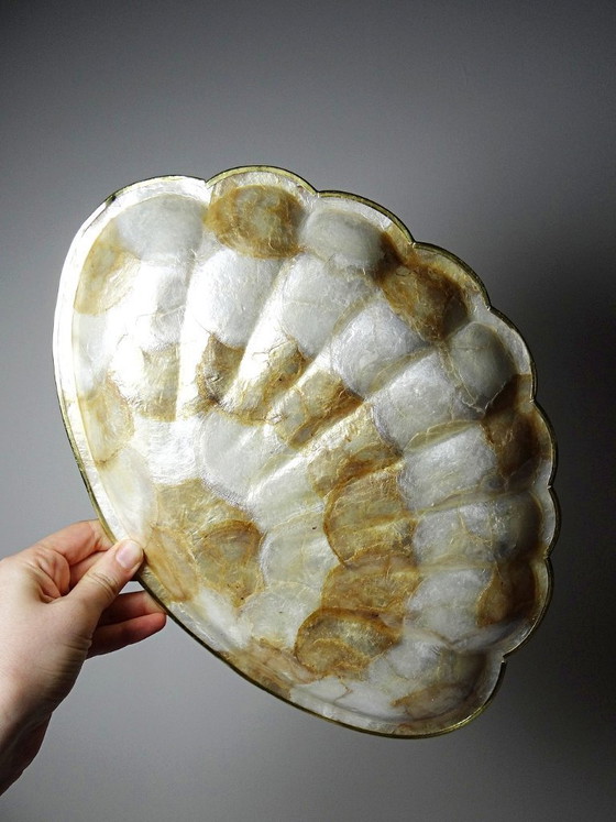 Image 1 of Large vintage mother-of-pearl and brass shell-shaped tray or catchall