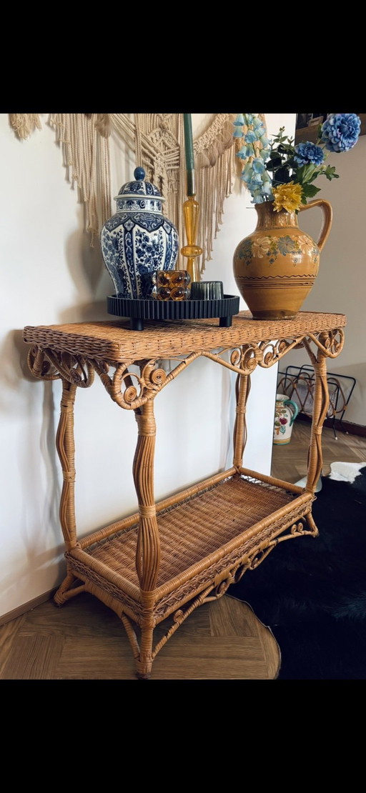 Prachtige mid century, vintage rotan Peacock sidetable uniek! – consoles, Rattan (photo 2 of 5)