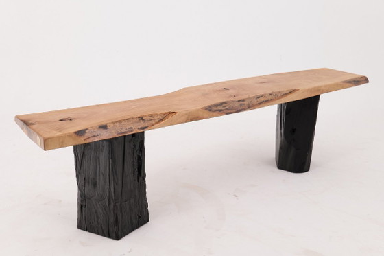 Image 1 of Live Edge Solid Wood Bench with Charred Legs, Organic Modern by Logniture