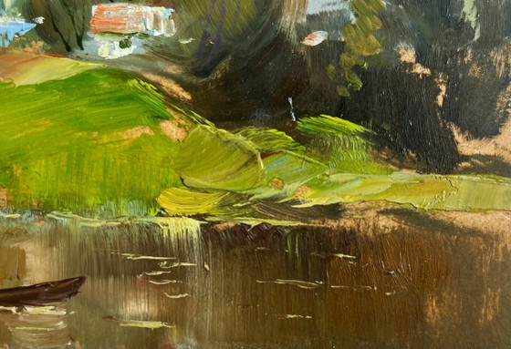 Image 1 of Origineel olieverfschilderij: Zomerlandschap met kerk. De dorpskerk is zichtbaar.