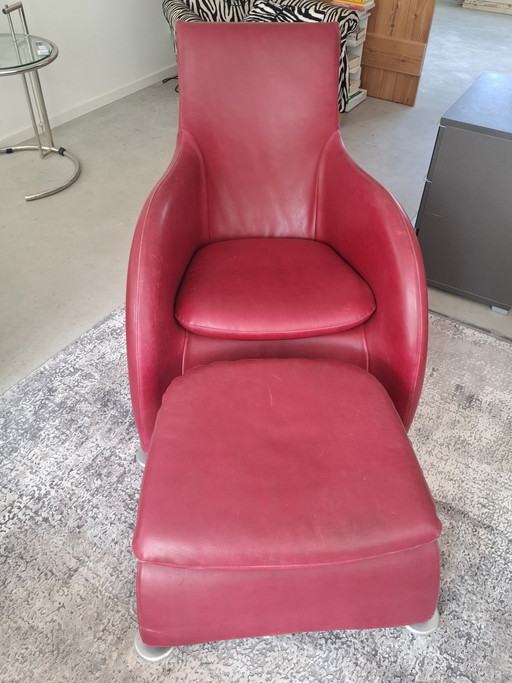 Montis Loge rode lederen designfauteuil + originele hocker, ontwerp Gerard van den Berg