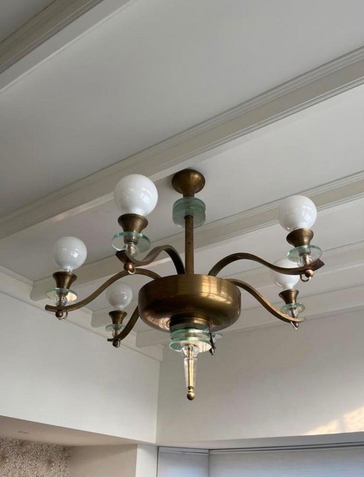 Beautiful large Art Deco chandelier (6-arms) - 1930s - Brass & Glass