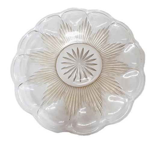 Piatto da torta decorato in vetro trasparente vintage