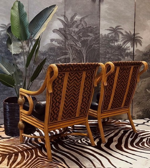 Ensemble de fauteuils de salon en bambou avec dossier en cuir tressé