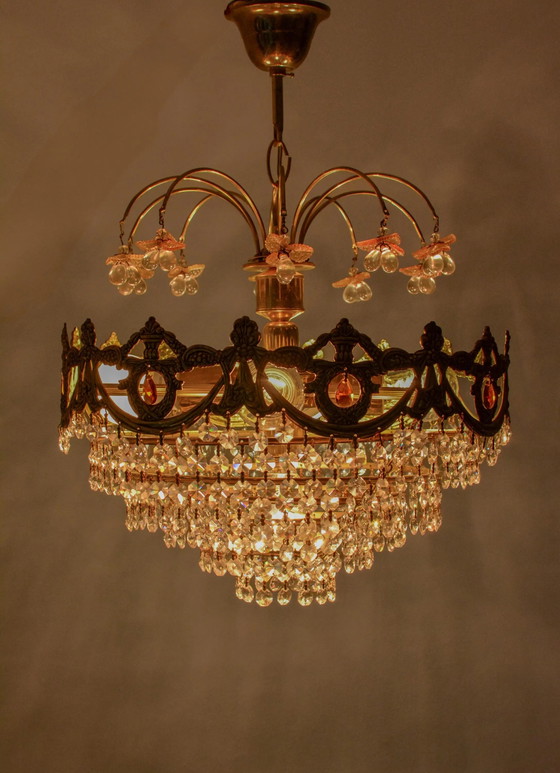 Vintage Spaanse Kristallen Fruit Kroonluchter, Oranje Glas, Messing, 5-Lichts, Jaren 70 – Crystal (photo 4 of 8)