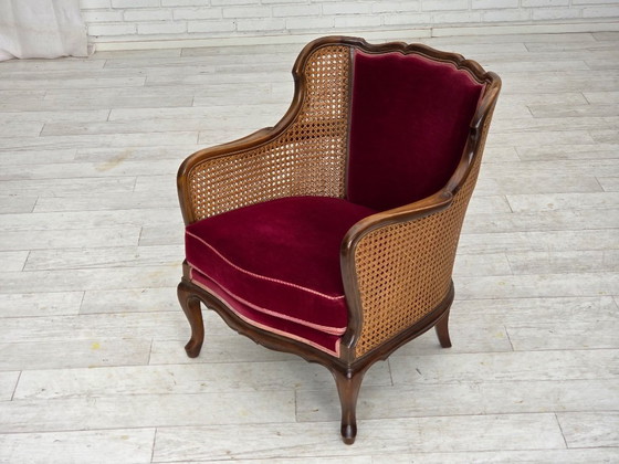 Image 1 of Fauteuil danois des années 1950, velours d'ameublement, bois de frêne, maille d'ameublement.