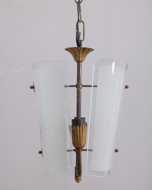 VINTAGE 1950S CHANDELIER IN DECORATED GLASS, ITALIAN DESIGN