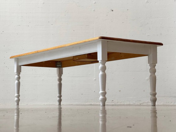 Image 1 of Large country-style dining table, solid wood, white painted, 1980s
