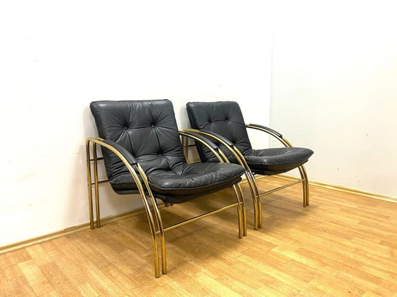 Image 1 of Vintage leren en metalen fauteuils, jaren 90, set van 2