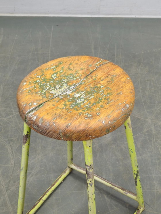 Image 1 of 1940s Czech Industrial Stool with Pine Seat and Green Patina
