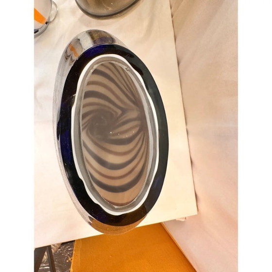 Image 1 of Jarrón italiano artístico de cristal de Murano beige hecho a mano con juncos azules y marrones.