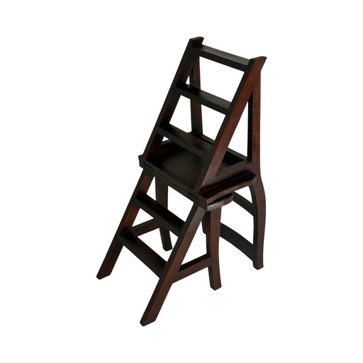 Escalier de bibliothèque ancien / Chaise pliante - Bois dur français - Inventé par Benjamin Franklin (Franklin-chair) !