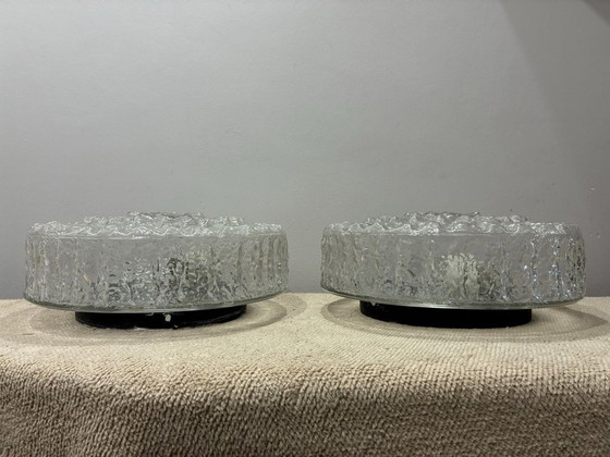 Pair of Peill & Putzler ice glass flush mount lights, 1960s, Ceiling lights, Transparent (photo 4 of 8)