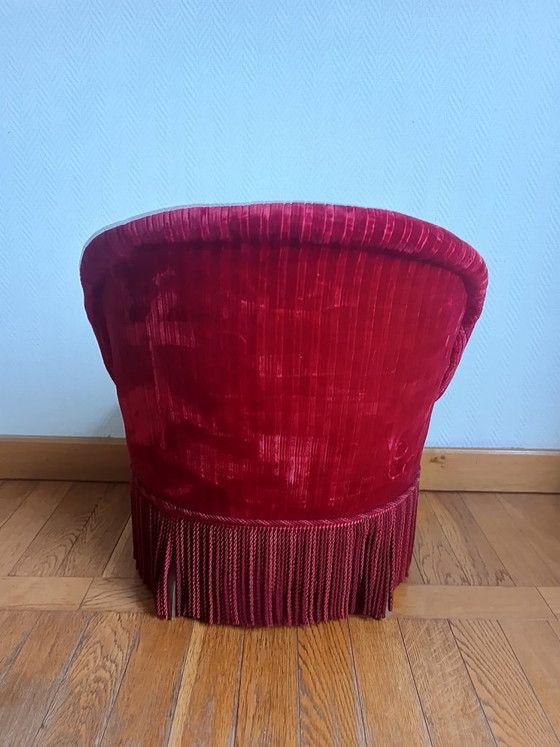 Image 1 of Rode fluwelen paddenstoelfauteuil met franjes