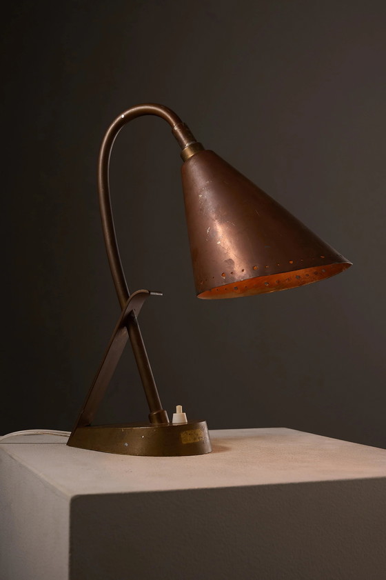 Lampe de table moderniste en cuivre et laiton, France, Mid Century Modern (photo 6 sur 11)