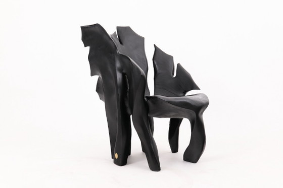 Image 1 of Fauteuil sculptural en bois noir carbonisé aux formes organiques par Logniture