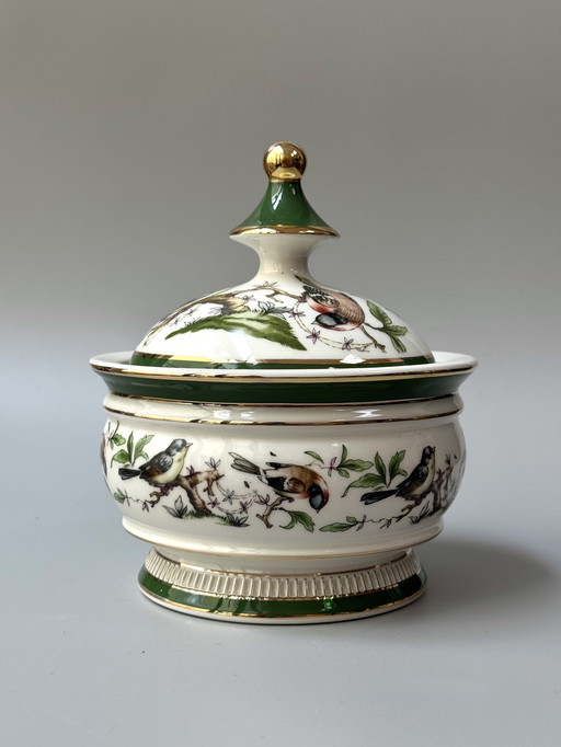 Fiorentine Italienische Porzellan Bonbonniere, handdekoriert, Vögel und Goldakzente