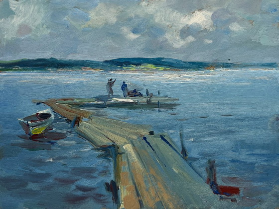 Image 1 of Original Oil Painting Summer River Landscape Fishing on the ferry