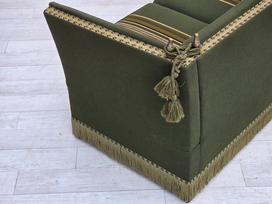1970s, Danish 2-seater drop arm "Spanish" sofa, furniture wool. – 2 seaters, Wood (photo 5 of 20)