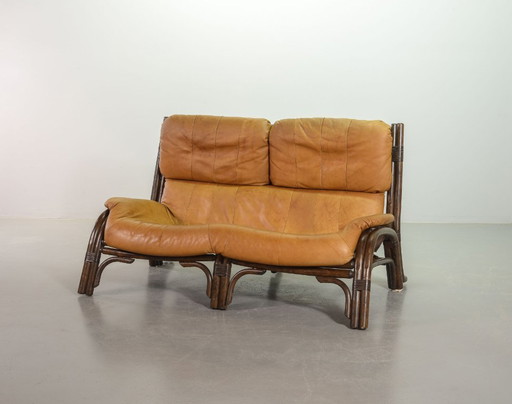 Brutalist Bentwood Love Seat Bamboo Sofa with Caramel Leather Upholstery, 1960s. 