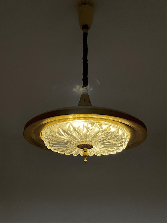 Mid Century Modern Retractable Metal And Pressed Glass Pull Down Pendant Lamp, 1960s-70s (photo 5 of 15)