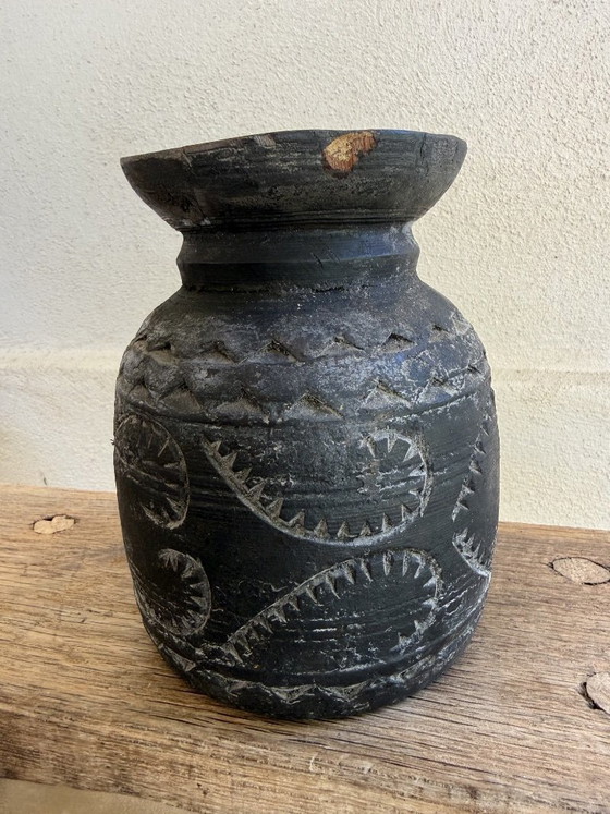 Image 1 of Set of 3 Nepalese Indian pots, carved black wood, tribal & wabi-sabi style