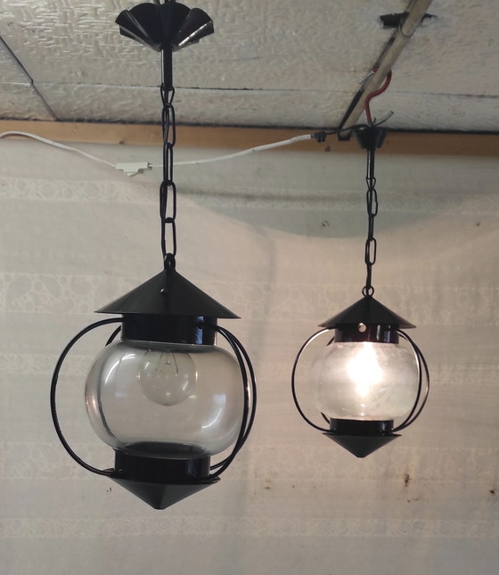 Image 1 of Lantern-style pendant light in metal and glass - 1950s
