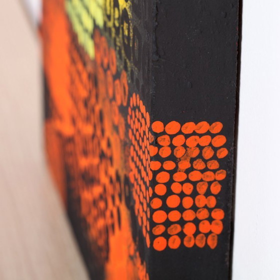 Image 1 of Orange, black and yellow abstract acrylic painting on stretched canvas