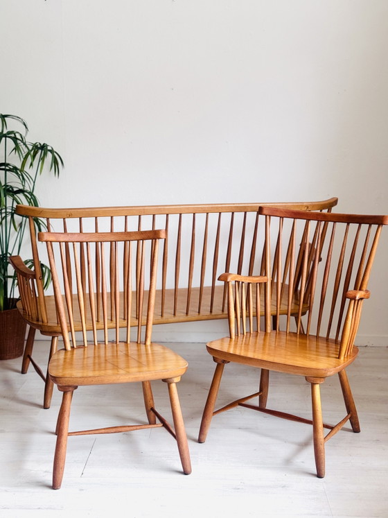 Image 1 of Vintage Minimalist Spindle Bench + Chairs 1950s/60s