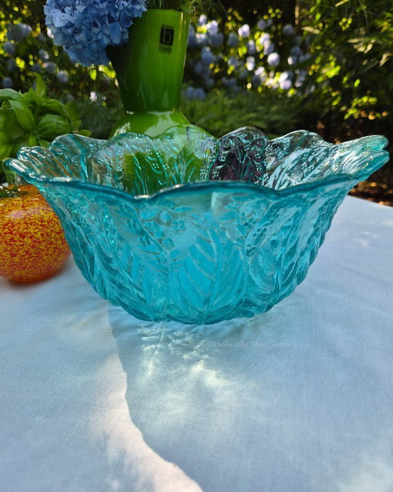 Image 1 of Een prachtige Pukeberg Zweden Uno Westenberg turquoise grote glazen schaal.