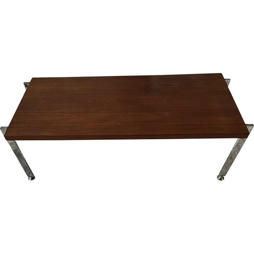 Table basse vintage en métal chromé et teck dans le style de Knoll, 1970