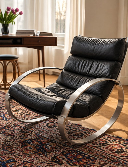 Hans Kaufeld Rocking Chair – Clásico de Diseño Vintage en Cuero y Aluminio