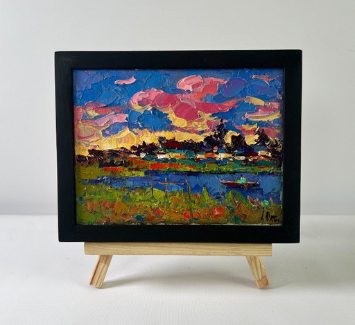 Original Oil Painting Evening Summer Landscape Clouds are floating