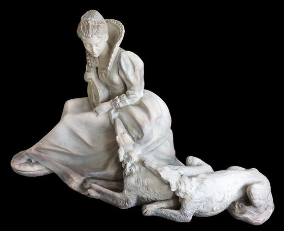 Image 1 of Art Deco sculpture of a seated lady with dogs