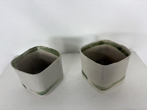 2 Vintage Mobach Tom Bruinsma Groen met Crème Bloempotten jaren’70